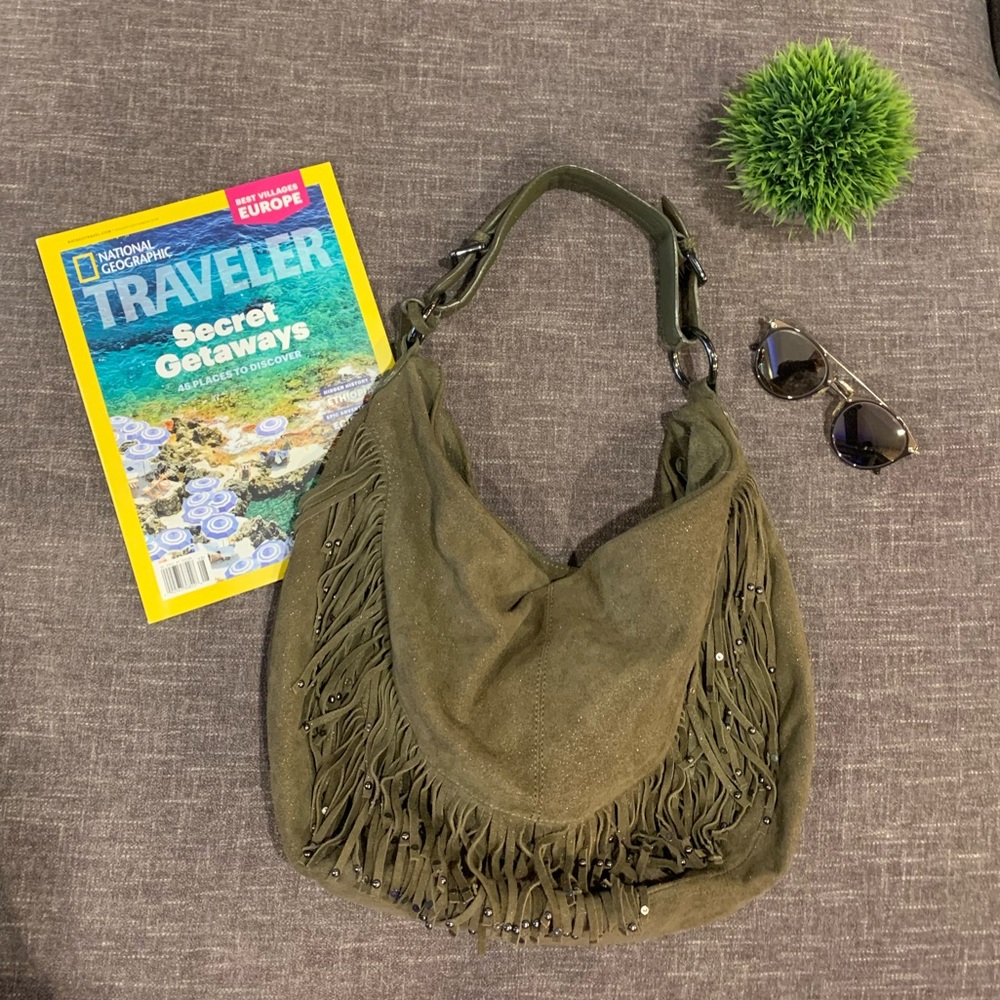 Dan Azan Suede Fringe Hobo Bag in Olive/Deep Sage